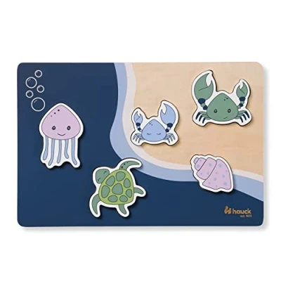 Image de hauck Puzzle Bebe 1 An N Sort Jouet Bois Bébé à Encastrement (certifié FSC®), Stimulation Motricité Fine et Coordination Œil Main, Formes Animaux, Mer