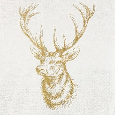 Image de Lot de 20 petites serviettes à cocktail Tête Cerf classique Doré Chasse J?ger Noël Hiver Décoration table Decoupage Technique 25 x cm