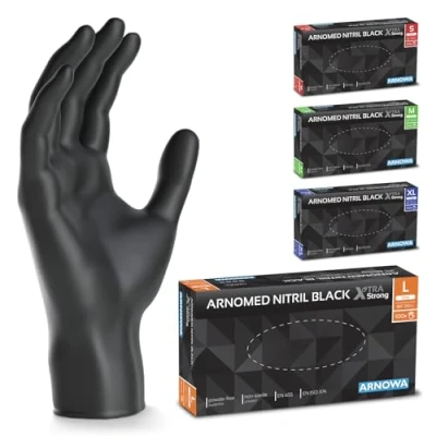 Image de ARNOMED Gants jetables Noir Extra Fort, nitrile taille L, 50% plus épais, 100 p./boîte, non poudrés, en mecanique sans latex, gant jetable tailles S, M, L &amp; XL