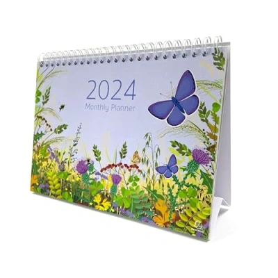 Image de Exacompta Réf GS038Z Calendrier de bureau/mensuel 2024 Motif papillon mois par page Comprend les jours fériés britanniques 210 mm x 150 Se tient en toute sécurité sur un bureau/étagère.