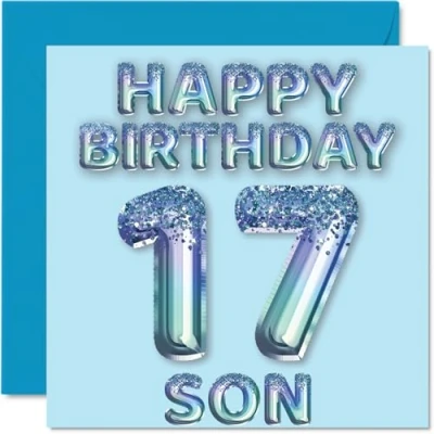 Image de Stuff4 Carte d&#039;anniversaire 17 ans pour fils Ballons bleus à paillettes Cartes de la part maman et papa, 145 mm x