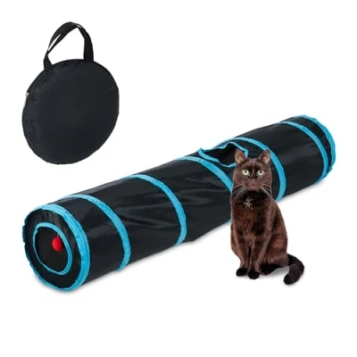 Image de Relaxdays Tunnel pour Chat, Pliable, HxD : env. 115 x 24 cm, Jouet interactif, Furet, Lapin, 3 Sorties, Nylon, Noir/Bleu