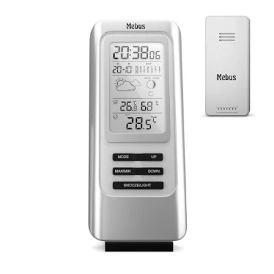 Image de MEBUS funkgesteuerte Wetterstation mit Außensensor, Thermometer, Hygrometer, Funkuhr, Wohlfühlindikator bewertet Raumklima, Wettervorhersage, Mondkalender, Wecker, Farbe: Silber, Modell: 40627