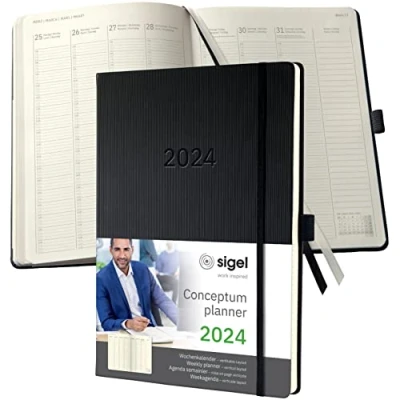 Image de SIGEL C2418 Agenda semainier 2024, vertical, A4+, couverture rigide, noir Conceptum