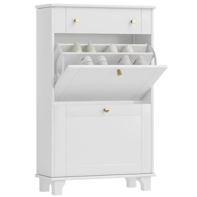 Image de HOMCOM Meuble Chaussure entrée étroit, Armoire à Chaussures avec tiroirs Portes abattants et étagère réglable, d&#039;entrée Couloir 8 Paires, pour 60 x 23,5 98,5 cm, Blanc