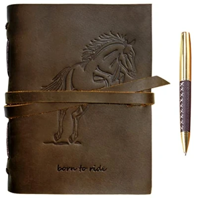 Image de Carnet de Notes Cuir Véritable Journal Avec Motif Cheval En Relief A5 Voyage à La Main Vintage Écriture Notebook Pour Hommes &amp; Femmes Antique Cahier Rustique 21x15cm Sketchbook