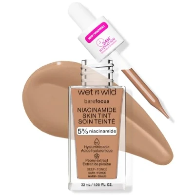 Image de Wet n Wild Bare Focus Niacinamide Skin Tint, Fond de Teint Léger avec FormuleModulable, Enrichi en Acide Hyaluronique et VitamineE pour un LookRadieux, Deep