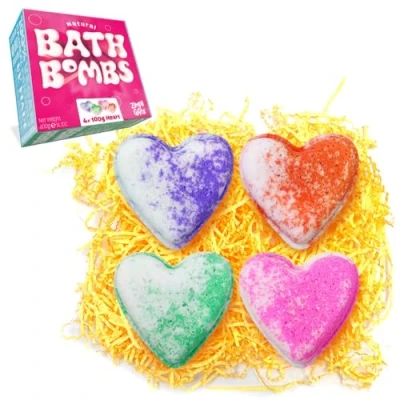 Image de 4 x Grandes bombes de bain Coeur d&#039;Amour Zimpli Gifts, Coffret cadeau pétillant et hydratant pour elle, cadeaux St Valentin Fête des Mères les femmes, petites amies, épouses