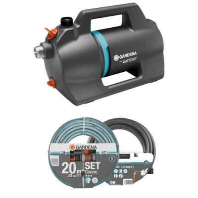 Image de Gardena Pompe de jardin 4200 Silent Set :Pompe d&#039;irrigation très silencieuse et innovante avec kit d&#039;aspiration 3,5 m tuyau classique 20 m, débit l/h, moteur 600 W, étanche(9055 20)
