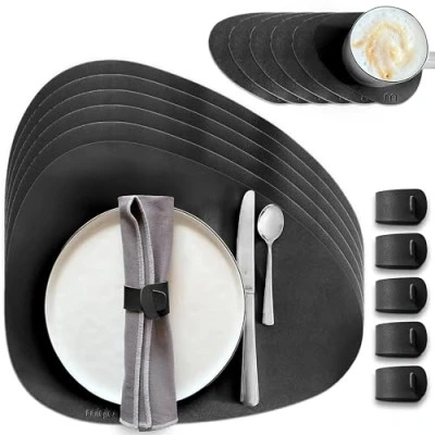 Image de MIQIO Lot de 18 sets table En cuir synthétique Lavables 6 table, dessous verre, ronds serviette Noir forme pierre