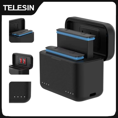 Image de TELESIN Chargeur de batterie portable pour Insta360 Bery Tage, 2 emplacements, carte TF, boîtier
