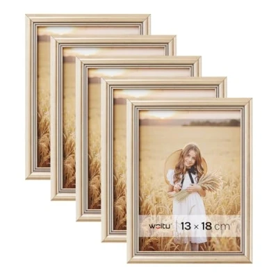 Image de WOLTU Lot de 5 Cadre Photo 13x18 cmCadre en Bois Massif avec Passe Partout, Suspendre Horizontalement ou Verticalement, Décoration Murale sur Table, Or