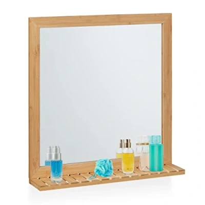 Image de Relaxdays Miroir Mural avec Surface de Rangement et Cadre en Bambou, HLP 61,5x60x12 cm, Salle Bain, Dressing, WC, Nature