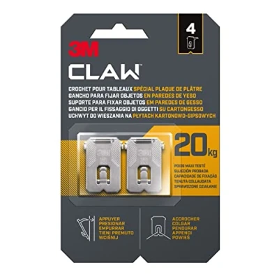 Image de 3M CLAW Crochets pour Accrocher des Tableaux sur murs en plâtre, 4 Poids Maxi testé jusqu&#039;à 20 kg Idéal Fixer Objets lourds, Miroirs, Décoration d&#039;intérieur, sans Outil