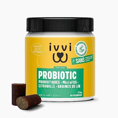 Image de ivvi Probiotic Complément Alimentaire pour Chien, Bien Etre Digestif Probiotiques, Citrouille, Avoine, Graines de Lin et Courge 60 Délicieuses Friandises au Poulet, 270g