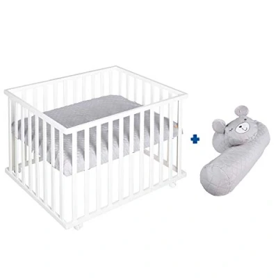 Image de roba Parc Bébé Rectangulaire Style 75x100 + Tapis de en Gris Argenté Roulettes avec Frein Bois Blanc