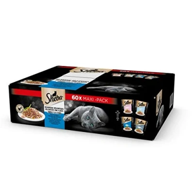 Image de Sheba Délicatesses en gelée, Thon, Saumon, Poisson Blanc et morue, Nourriture Humide complète pour Chats Adultes, 60 sachets de 85 g