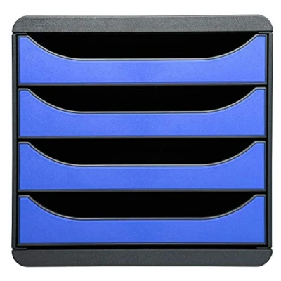 Image de Exacompta Réf. 310779D BIG BOX Caisson 4 tiroirs pour document A4+ Dimensions extérieures : Profondeur 34,70 x largeur 27,80 Hauteur 26,70cm Noir/Bleu glacé
