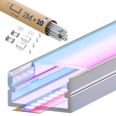 Image de KOSOOM Profilé en pour bandes LED, 2 m x 6 unités, 12 m, dimensions 19,7 mm 10 mm, ailettes de 26,7 LED d’une largeur inférieure à 17 avec accessoires montage
