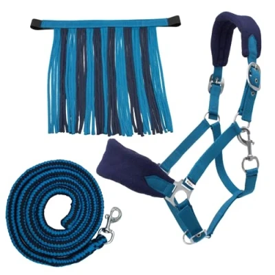 Image de PFIFF Sunny 103103 Lot de 3 licols, tricotés et Franges à Mouches, Ajustables, Bleu Clair, Poney