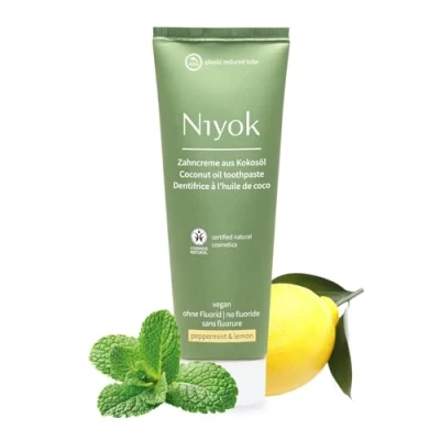 Image de Niyok® Dentifrice à l&#039;huile de coco bio « Menthe poivrée et citron » (75 ml) naturel pour des dents blanches Soin intensif &amp; fraîcheur Protège les gencives Sans fluorure