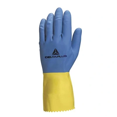 Image de Gant ménage Latex Floque Longueur 30cm épaisseur 0.60mm Coloris Bleu Jaune Taille 8/9 Paire