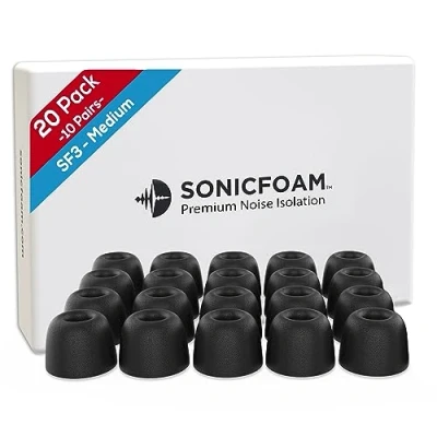 Image de SONICFOAM Lot de 20 Embouts en mousse à mémoire forme Isolation sonore qualité supérieure rechange pour écouteurs intra auriculaires (SF3 M, noir)