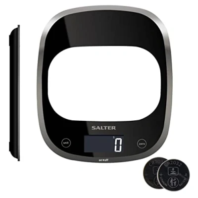 Image de Salter 1050 BKDR Curve Balance de Cuisine Numérique en Verre, Digitale Pèse Aliments, Capacité Max. 5KG, Écran Rétroéclairé, Fonction Ajouter &amp; Peser, Mesures Liquides, Garantie 15 Ans, Noir