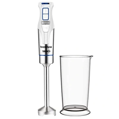 Image de Bastilipo TURBOMIX 1200 Mixeur à bras W Vitesse variable + TURBO, avec verre de 800 ml, couleur blanc/acier