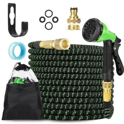 Image de LINGKY Tuyau arrosage Extensible 30m, Tuyaux d&#039;arrosage Embout 8 Modes Pistolet, 3/4&quot; 1/2&quot; Raccord Adaptateur Robinet Cuisine, Tyau Retractable Extensibilités Support Mural