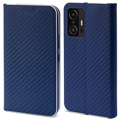 Image de Moozy Étui portefeuille pour Xiaomi 11T et Pro, Bleu foncé Carbone à rabat avec bordure métallique, fermeture magnétique, porte cartes fonction béquille Neuf