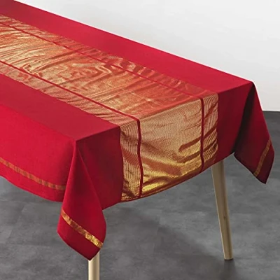 Image de douceur d&#039;intérieur, Nappe Rectangle (140 x 240 cm) Elegancia Rouge/Or, Coton Finition Fils Métallisés