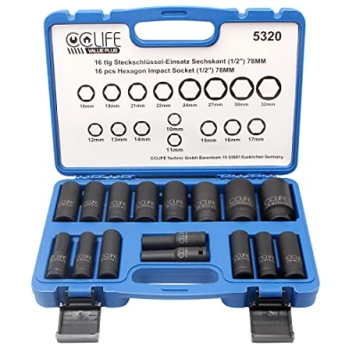 Image de CCLIFE 16 pièces Coffret Douilles longue Douille a choc hexagonale 1/2&quot; Carré, Cr Mo 10 32mm convient pour visseuses