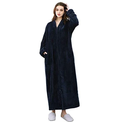 Image de Kinloy Robe de chambre luxe en polaire douce pour femme avec fermeture éclair sur le devant bleu marine L 38 42, marine,