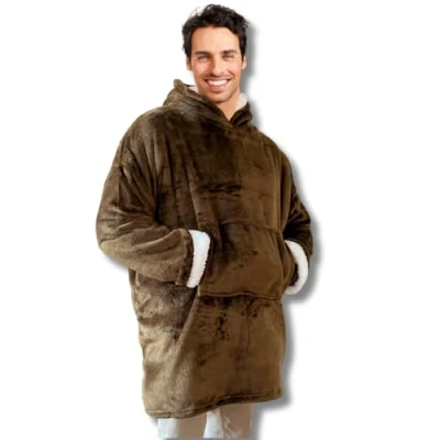 Image de Plaid Pull Sweat à Manche et Capuche avec Poche Taille Unique 118 x 85 cm Adulte Intérieur Sherpa Coloris Marron