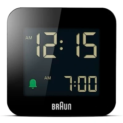 Image de Braun Réveil de Voyage numérique avec Snooze, Taille compacte, écran LCD négatif, réglage Rapide, Alarme Crescendo Beep en Noir, modèle BC08B.