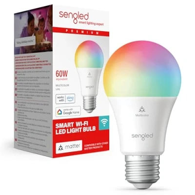 Image de Sengled Ampoule intelligente LED (E27), compatible Matter et Alexa, multicolore, équivalent 60 W, 800 lm, appairage instantané, plateforme requise, 2,4 GHz, Wi Fi, 1 paquet