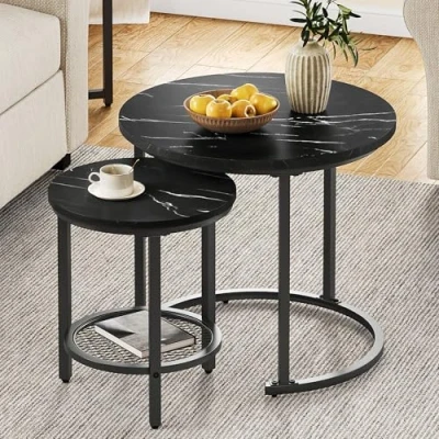 Image de YITAHOME Lot de 2 Tables Basses Rondes, Gigognes Modernes avec Espace Rangement, Table d&#039;appoint Empilable Cadre en Métal, Canapé, Salon, Noir