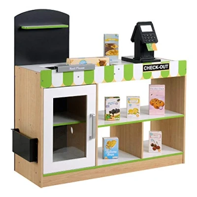 Image de WOOMAX Supermarché Bois avec Accessoires Tente comptoir lumière, Sons, Caisse enregistreuse, Tableau Noir pour Enfants de 3 Ans Jouet éducatif (85386), Marron, 80x30x80 Centimeter