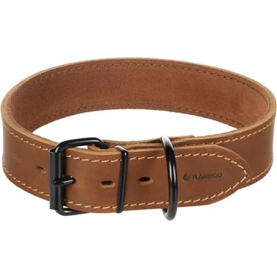Image de Flamingo Collier Montana Cuir Large Cognac XXL 53 63cm x 40mm avec Rivets et Boucle a Une Finition Brillante Noire