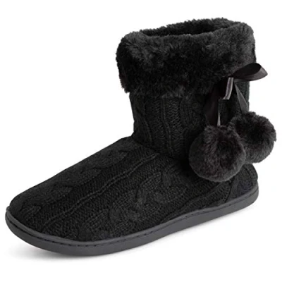 Image de Polar Femmes Mousse A Mémoire Pom l&#039;hiver Fausse Fourrure Luxe Peluche Confortable Antidérapant Intérieure Chaussons Noir Tricotée UK5/EU38 YC0714