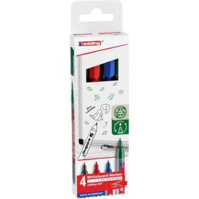 Image de edding 361 Marqueur pour tableaux blancs multi couleur étui de 4 stylos pointe ronde 1 mm feutre effaçable blanc, magnétique, mémo et chevalet conférence rechargeable