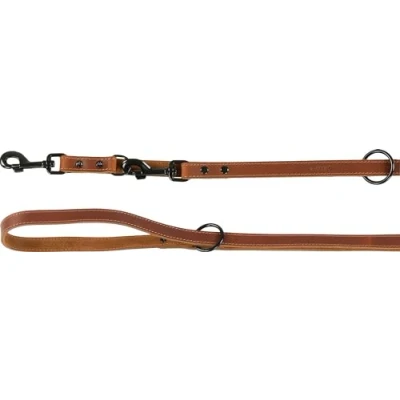 Image de Flamingo Laisse d&#039;entraînement Montana Cuir Cognac pour Chien 200cm x 20mm Réglage à 3 Positions avec Rivets et Mousqueton a Une Finition Brillante Noire