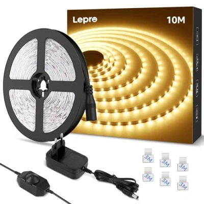 Image de Lepro 10M Ruban LED Blanc Chaud Dimmable 12V 3000k 420LEDs V2835, Bande Autocollant Réglable via Variateur pour Miroir Dressing, Meuble, Escalier, Chambre, Cuisine