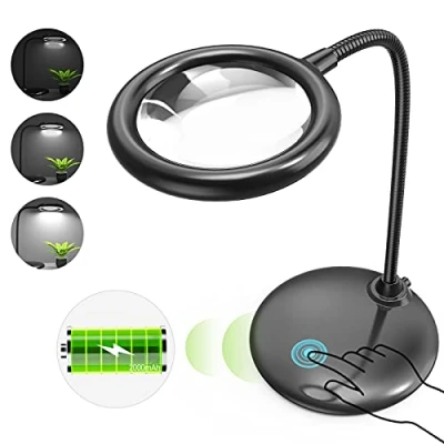 Image de Raweao 5X Lampe Loupe Rechargeable, Eclairante et Grossissante de Bureau LED Loupe, Articulée sur Pied pour Lecture, Couture, Bijoutiers, Modélisme (Noir)