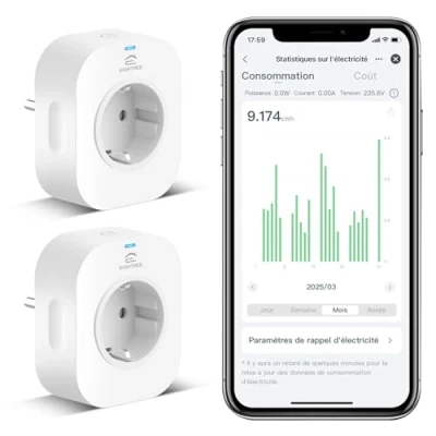 Image de Prise Connectée WiFi (Type F), Intelligente EIGHTREE, Compatible avec Alexa, Google Home, SmartThings, Suivi de la Consommation d&#039;énergie, Wi Fi 2,4 GHz Requis, 16A, 3680W, Pack 2