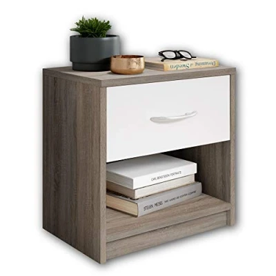 Image de Stella Trading PEPE Table De Chevet, Aspect Brun Truffe, Blanc, Nuit Sobre Avec 1 Tiroir, Convient Pour Tout Lit Et Toute Chambre, 39 x 41 28 cm (L/H/P)
