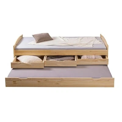 Image de Inter Link Lit gigogne Avec rangements tiroir banquette 2 couchages 90x200 cm 3 tiroirs de rangement Bois massif sommier Sans matelas Nature Marinella
