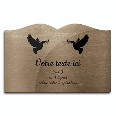 Image de OCAP FUNERAIRE.COM Plaque gravée funéraire Motif Deux Colombes avec rameaux autocollante modèle Livre (20x13 cm) personnalisée 1 à 3 Lignes Bronze