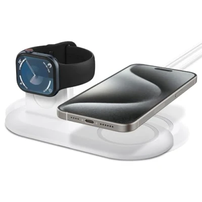 Image de Spigen Mag Fit Duo Station de Charge Compatible avec MagSafe Chargeur (2020 2023) pour Les séries iPhone 16/15/14/13/12 et Toutes d&#039;Apple Watch/Airpods Blanc
